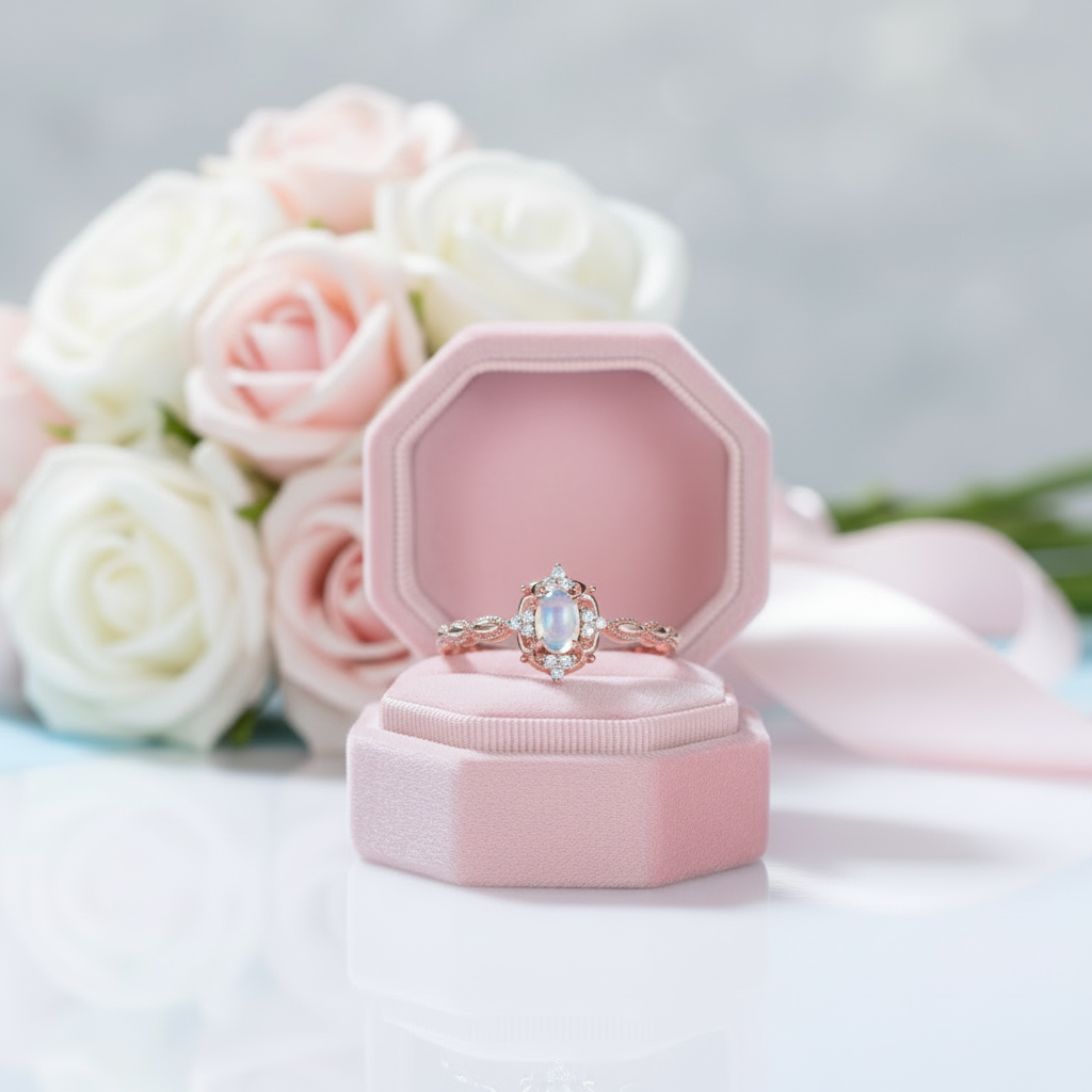 14k Gold Cabochon Moonstone .7ct Oval Cut Engagement Ring-Black Diamonds New York
