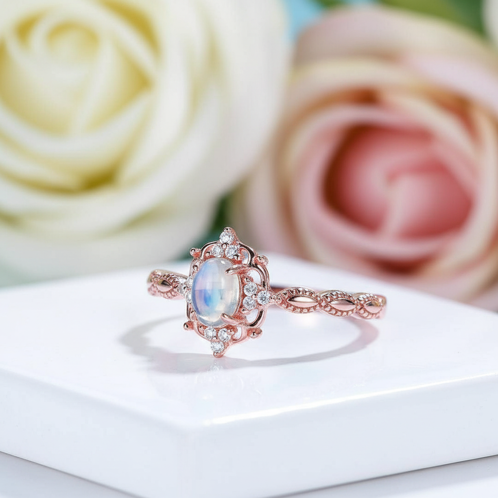 14k Gold Natural Cabochon Moonstone .7ct Oval Cut Engagement Ring-Black Diamonds New York