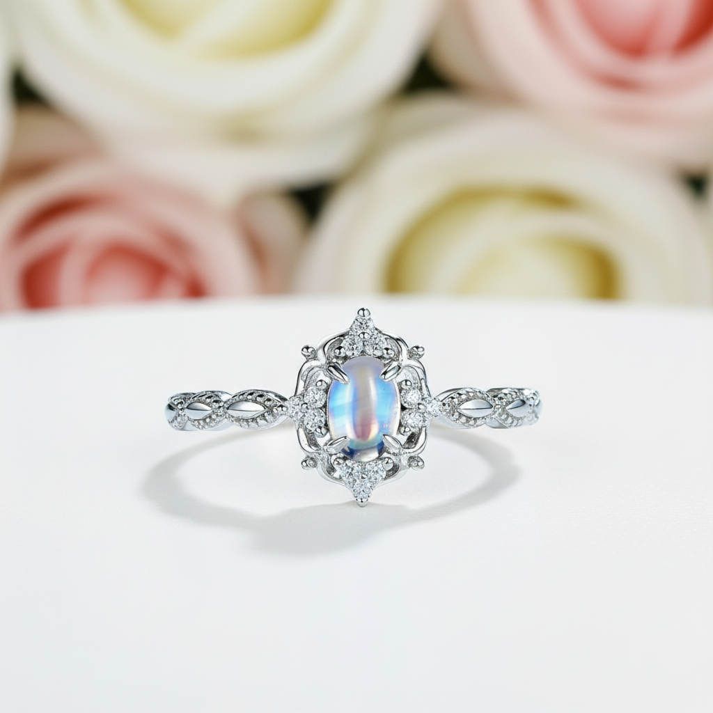 14k Gold Natural Cabochon Moonstone .7ct Oval Cut Engagement Ring-Black Diamonds New York