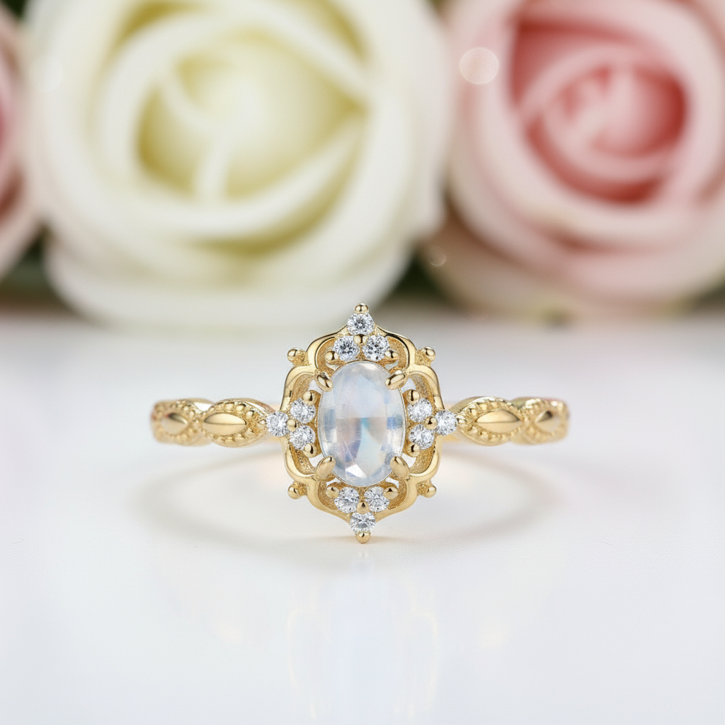 14k Gold Natural Cabochon Moonstone .7ct Oval Cut Engagement Ring-Black Diamonds New York