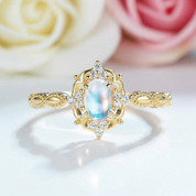 14k Gold Natural Cabochon Moonstone .7ct Oval Cut Engagement Ring-Black Diamonds New York