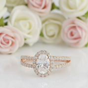 14k Rose 1ct Oval Cut Diamond Halo Engagement Ring-Black Diamonds New York