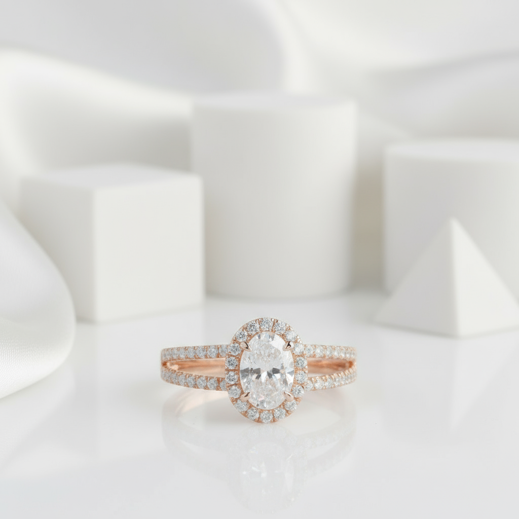 14k Rose 1ct Oval Cut Diamond Halo Engagement Ring-Black Diamonds New York