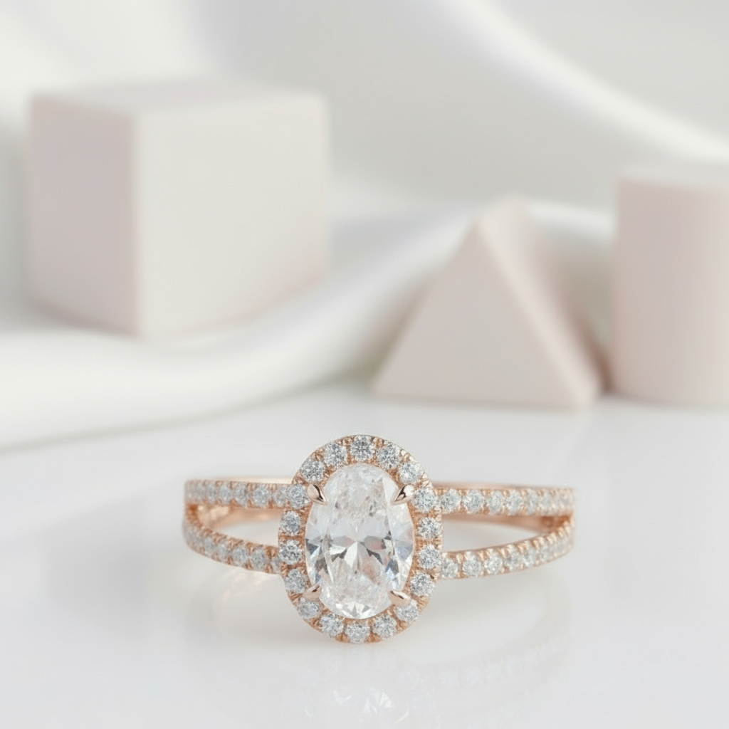 14k Rose 1ct Oval Cut Diamond Halo Engagement Ring-Black Diamonds New York