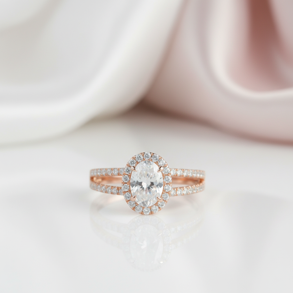 14k Rose 1ct Oval Cut Diamond Option Halo Engagement Ring-Black Diamonds New York