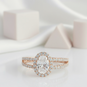 14k Rose 1ct Oval Cut Diamond Halo Engagement Ring-Black Diamonds New York