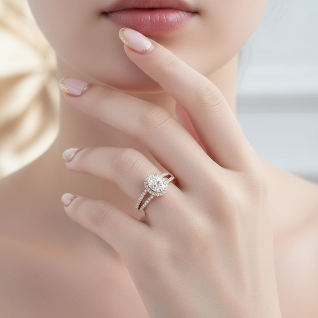 14k Rose 1ct Oval Cut Diamond Halo Engagement Ring-Black Diamonds New York