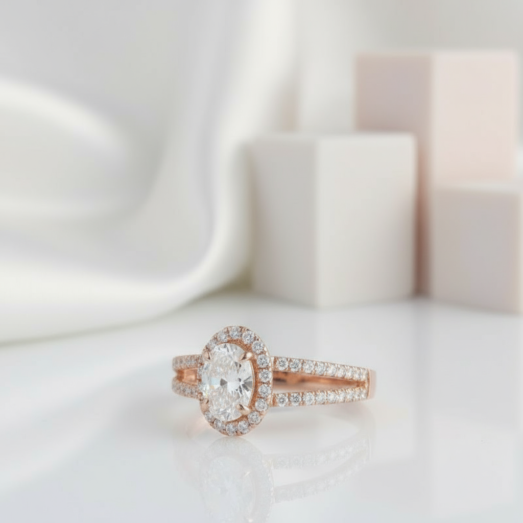 14k Rose 1ct Oval Cut Diamond Halo Engagement Ring-Black Diamonds New York