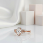 14k Rose 1ct Oval Cut Diamond Halo Engagement Ring-Black Diamonds New York