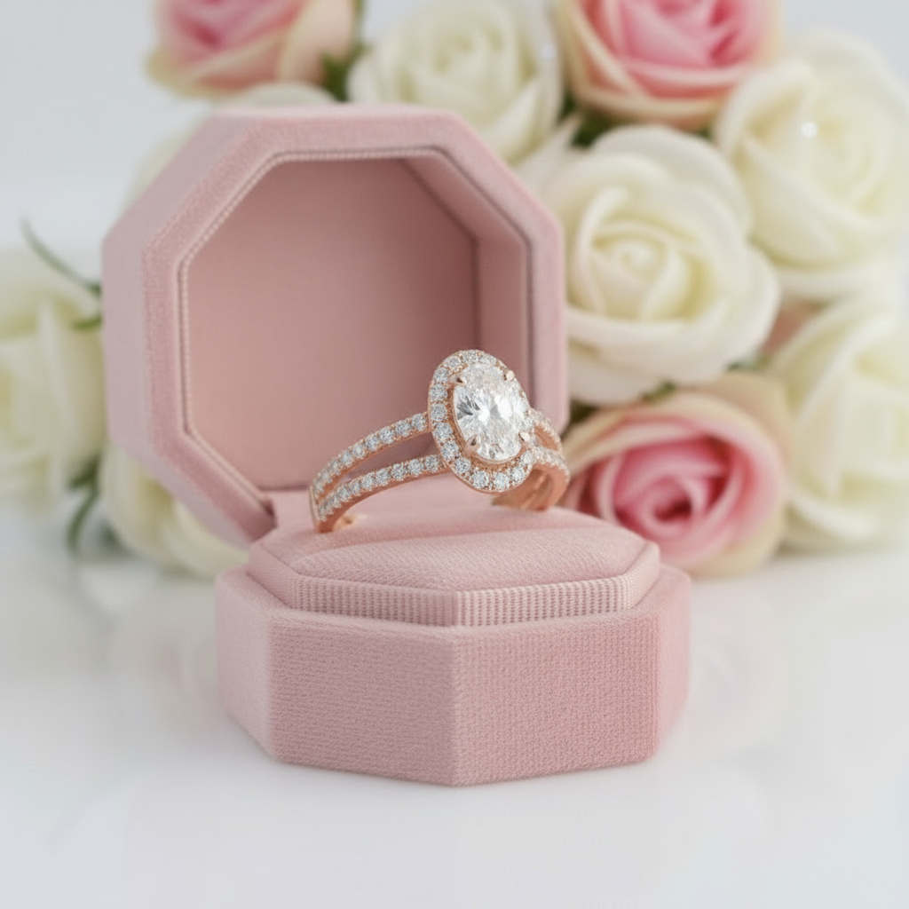 14k Rose 1ct Oval Cut Diamond Halo Engagement Ring-Black Diamonds New York