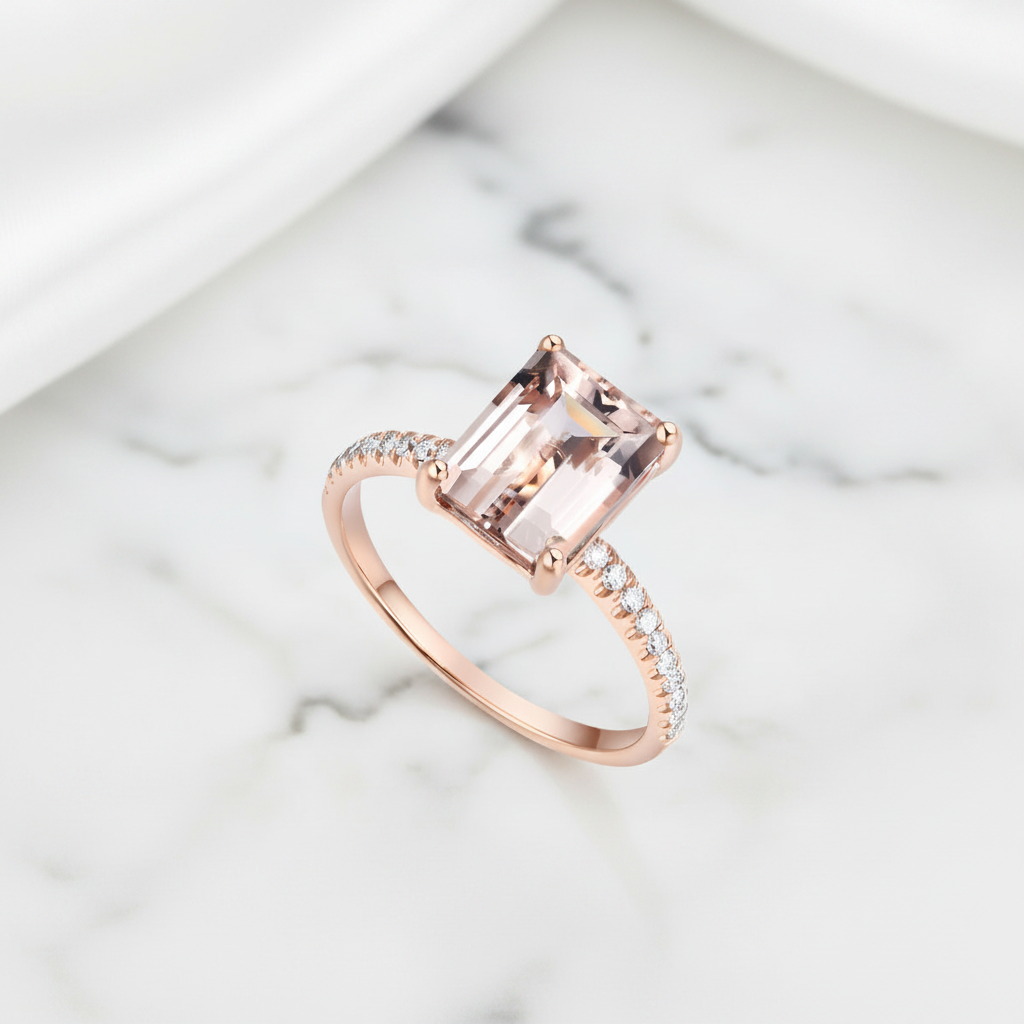 14k Rose Emerald Cut 2.8ct Peach Morganite Diamond Option Ring-Black Diamonds New York