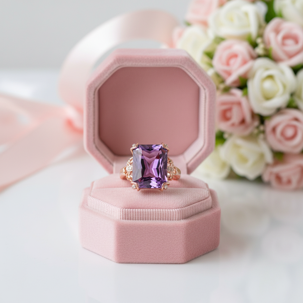 14K Rose Gold 10.5ct Purple Amethyst Diamond Option Ring-Black Diamonds New York