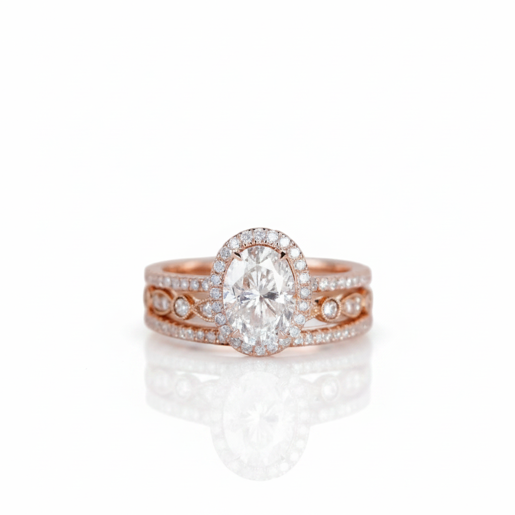 A rose gold double-band ring set with a large oval-cut center stone and pavé accents, shown on a clean white background with a soft reflection below.