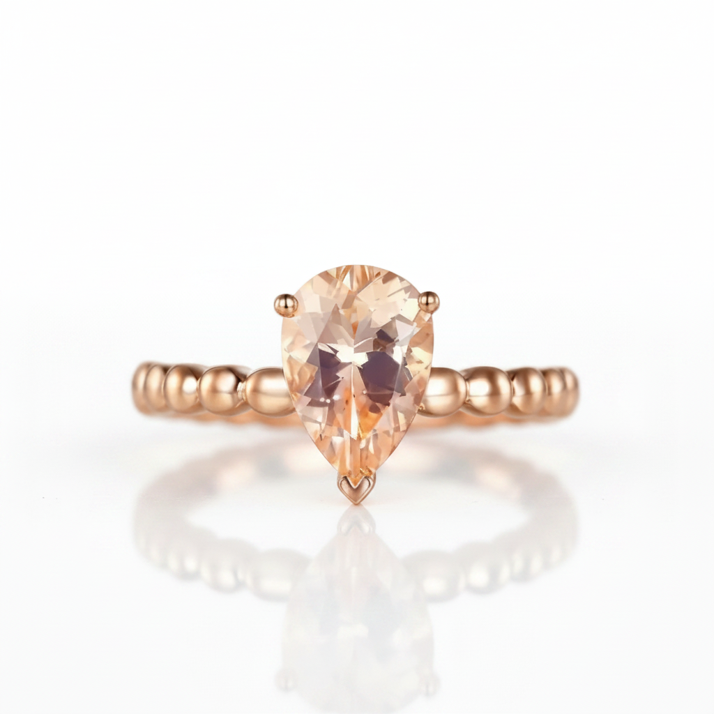 14K Rose Gold 1.6 Ct Pear Peach Morganite Solitaire Ring-Black Diamonds New York