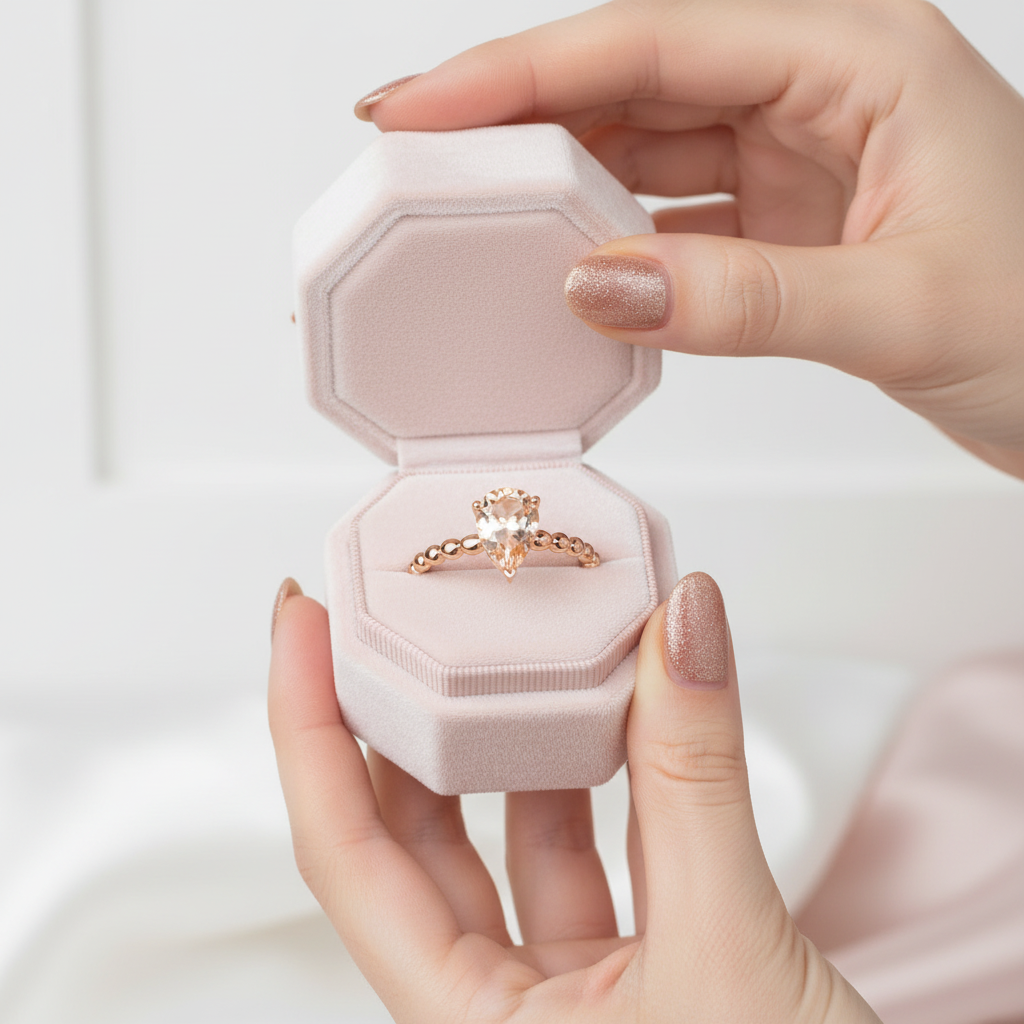 14K Rose Gold 1.6 Ct Pear Peach Morganite Solitaire Ring-Black Diamonds New York