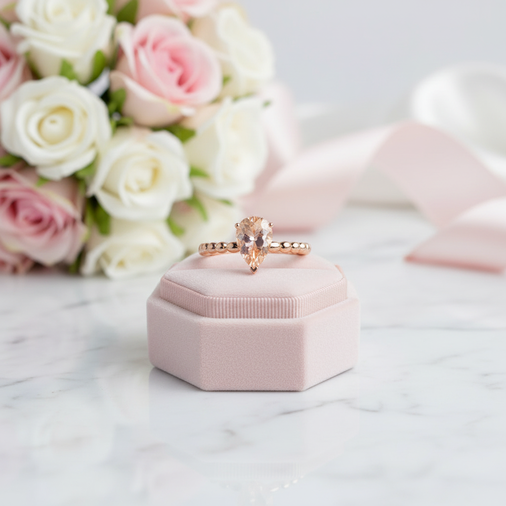 14K Rose Gold 1.6 Ct Pear Peach Morganite Solitaire Ring-Black Diamonds New York