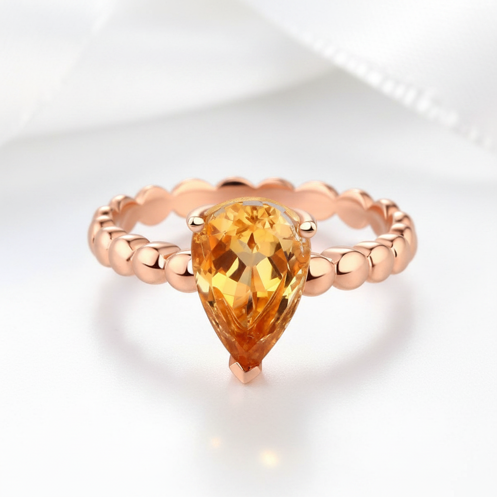 14k Rose Gold 1.6ct Pear Cut Citrine Solitaire Ring-Black Diamonds New York