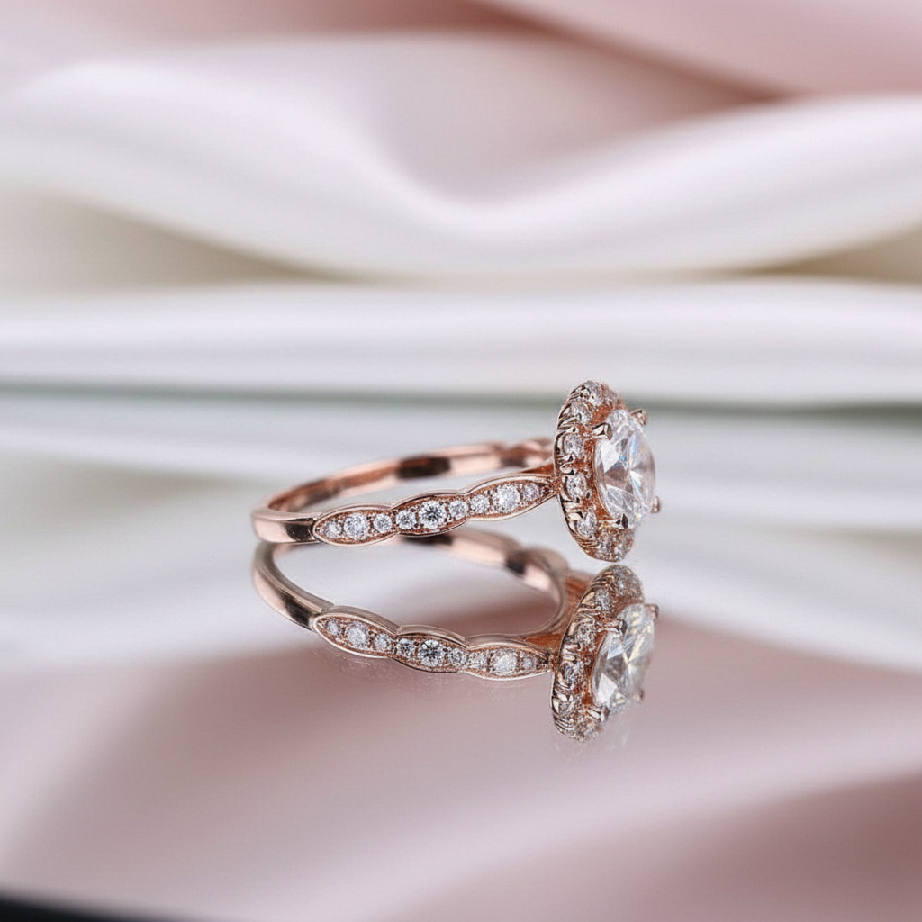 14k Rose Gold 1ct 6.5mm Diamond Halo Engagement Ring-Black Diamonds New York