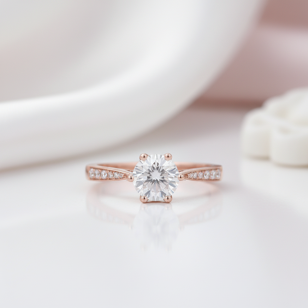 Rose gold ring with a diamond on a soft white background