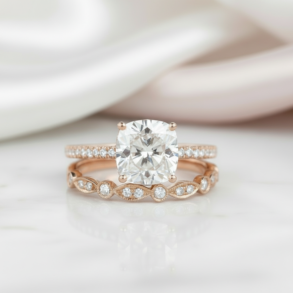 14k Rose Gold 2ct 7.5mm Cushion Cut Diamond Option Bridal Ring Set-Black Diamonds New York