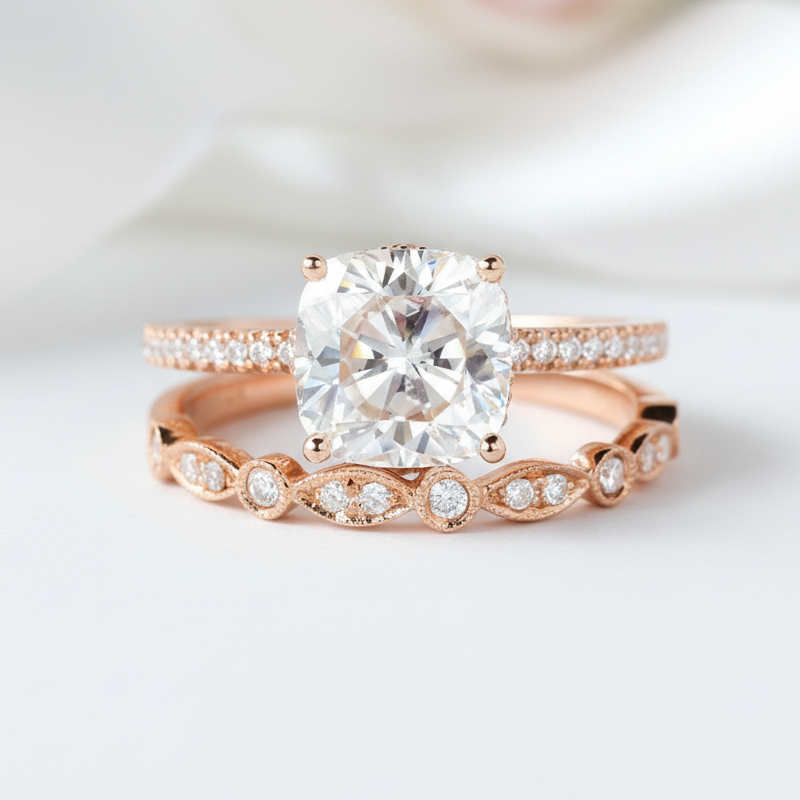 14k Rose Gold 2ct 7.5mm Cushion Cut Diamond Bridal Ring Set-Black Diamonds New York