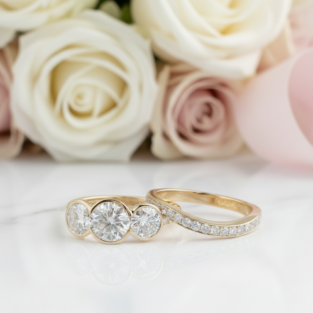 14k Rose Gold 3.1ct Diamond Three Stone Engagement Ring Set-Black Diamonds New York