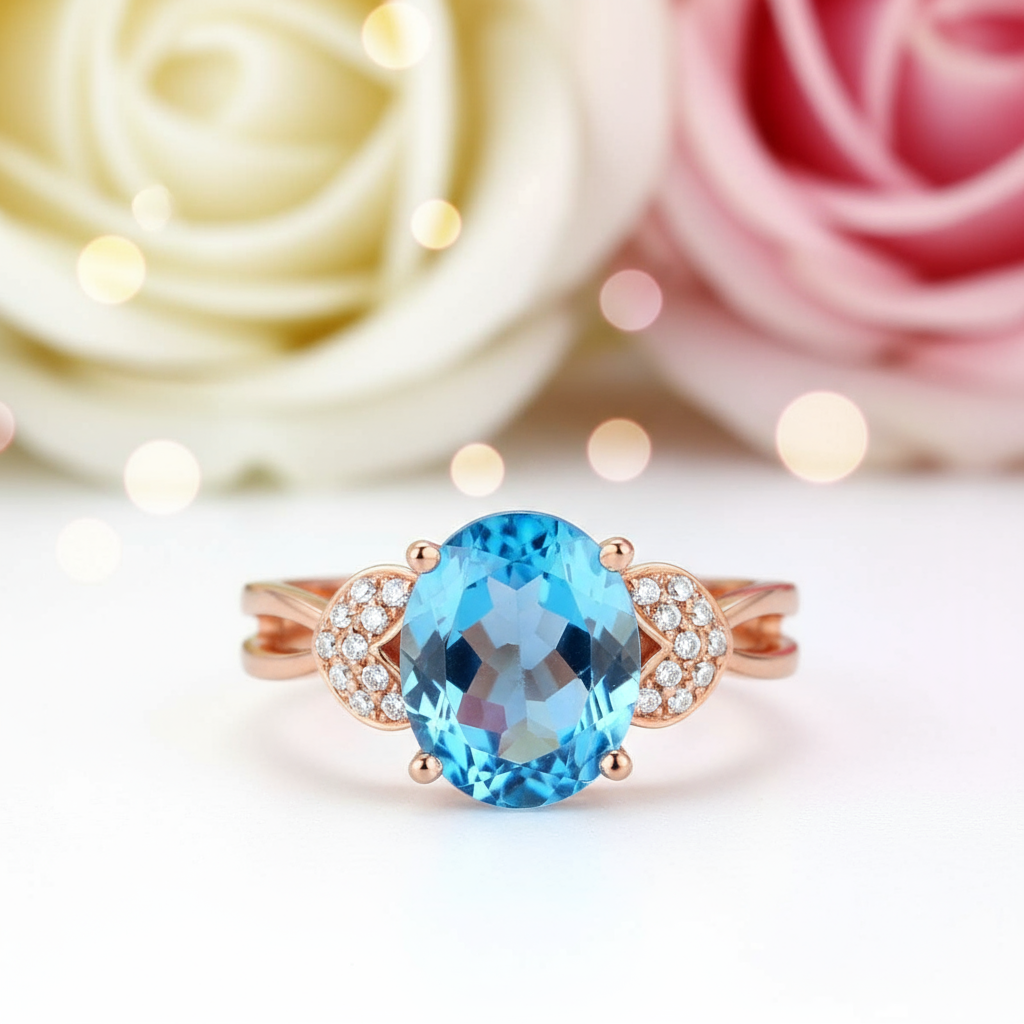 14K Rose Gold 3.5ct Swiss Blue Topaz & Natural Diamond Ring-Black Diamonds New York