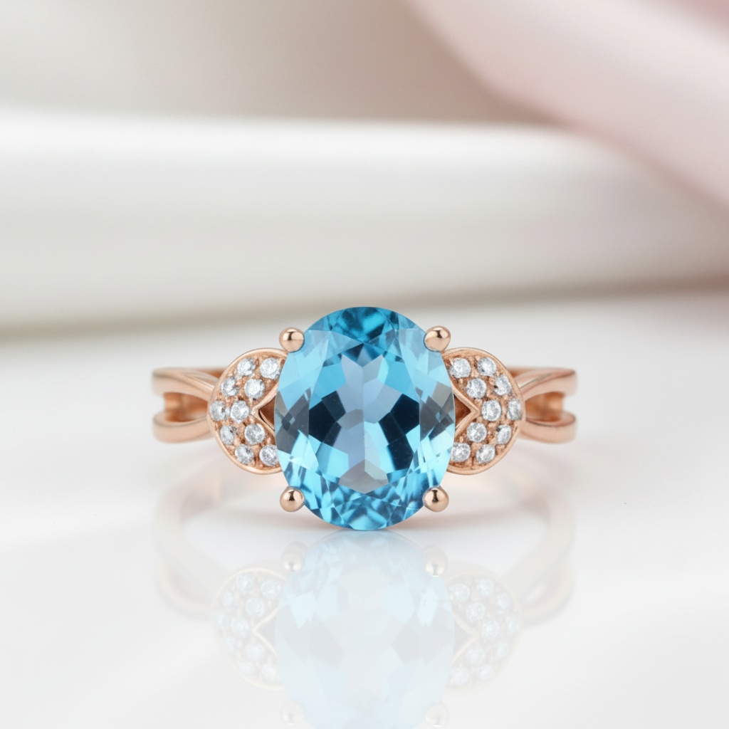 14K Rose Gold 3.5ct Swiss Blue Topaz & Natural Diamond Option Ring-Black Diamonds New York