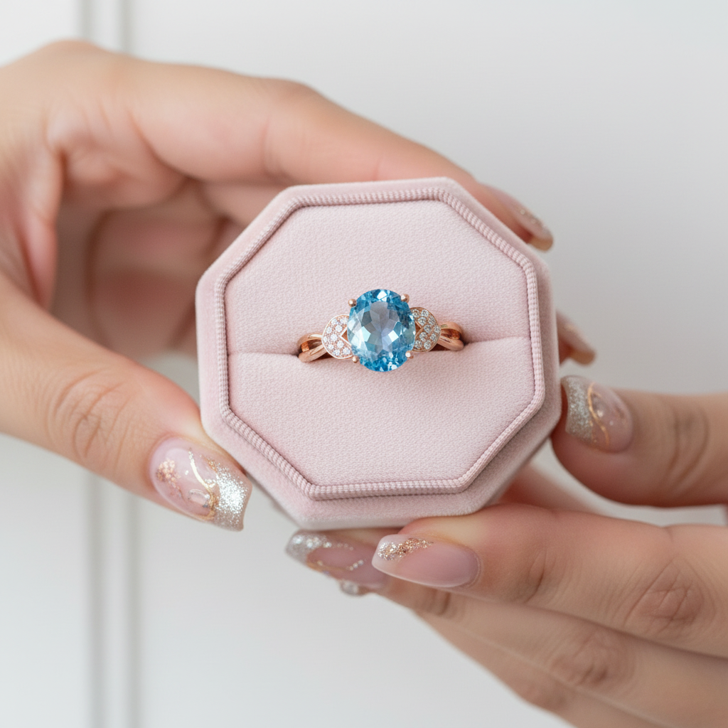 14K Rose Gold 3.5ct Swiss Blue Topaz & Natural Diamond Option Ring-Black Diamonds New York