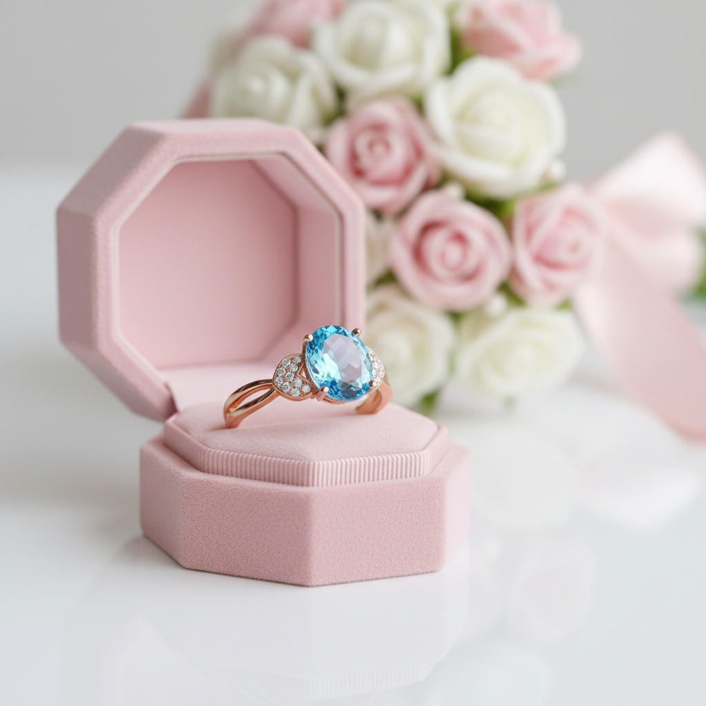 14K Rose Gold 3.5ct Swiss Blue Topaz & Natural Diamond Option Ring-Black Diamonds New York