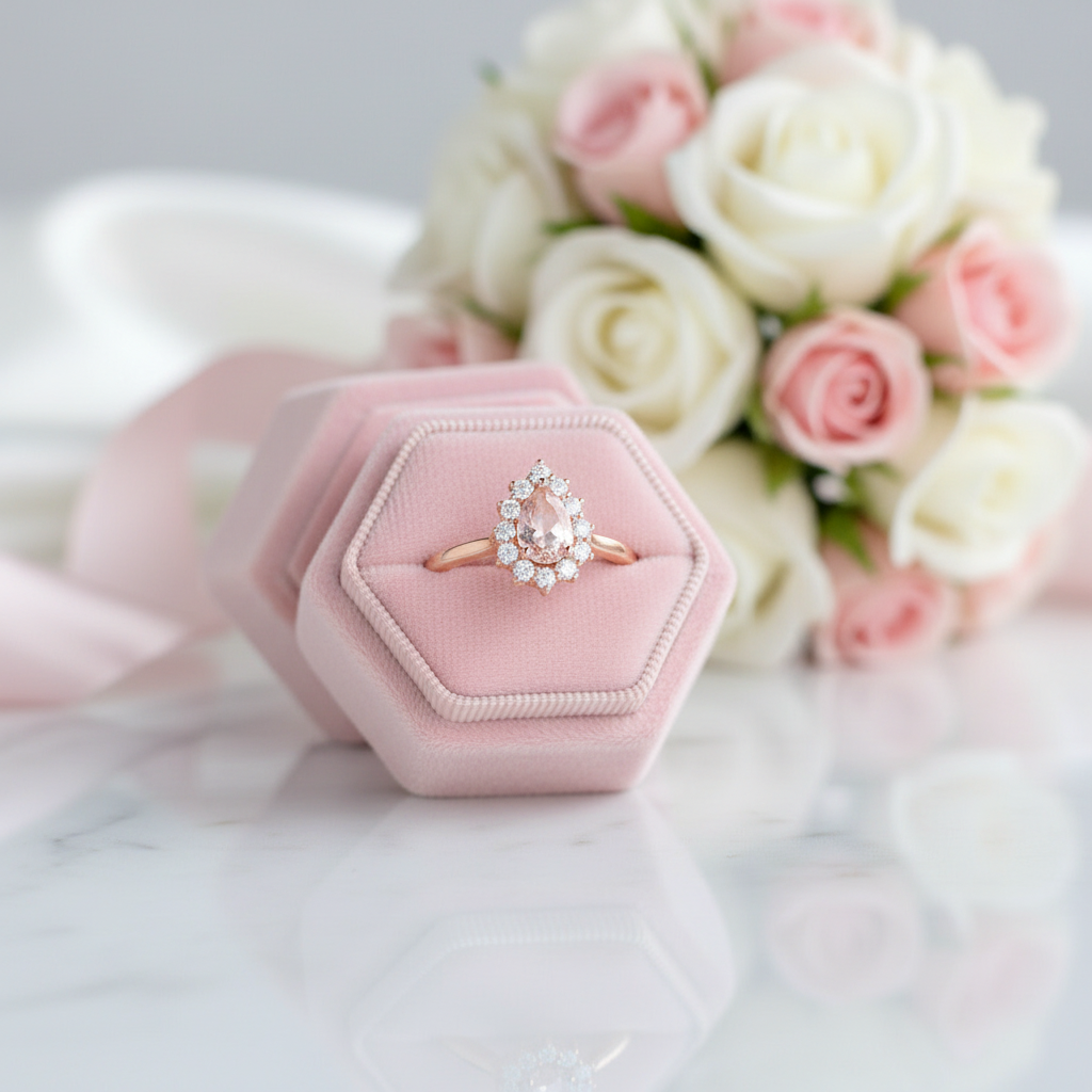 14k Rose Gold 5*7mm Morganite Halo Engagement Cocktail Engagement Ring-Black Diamonds New York