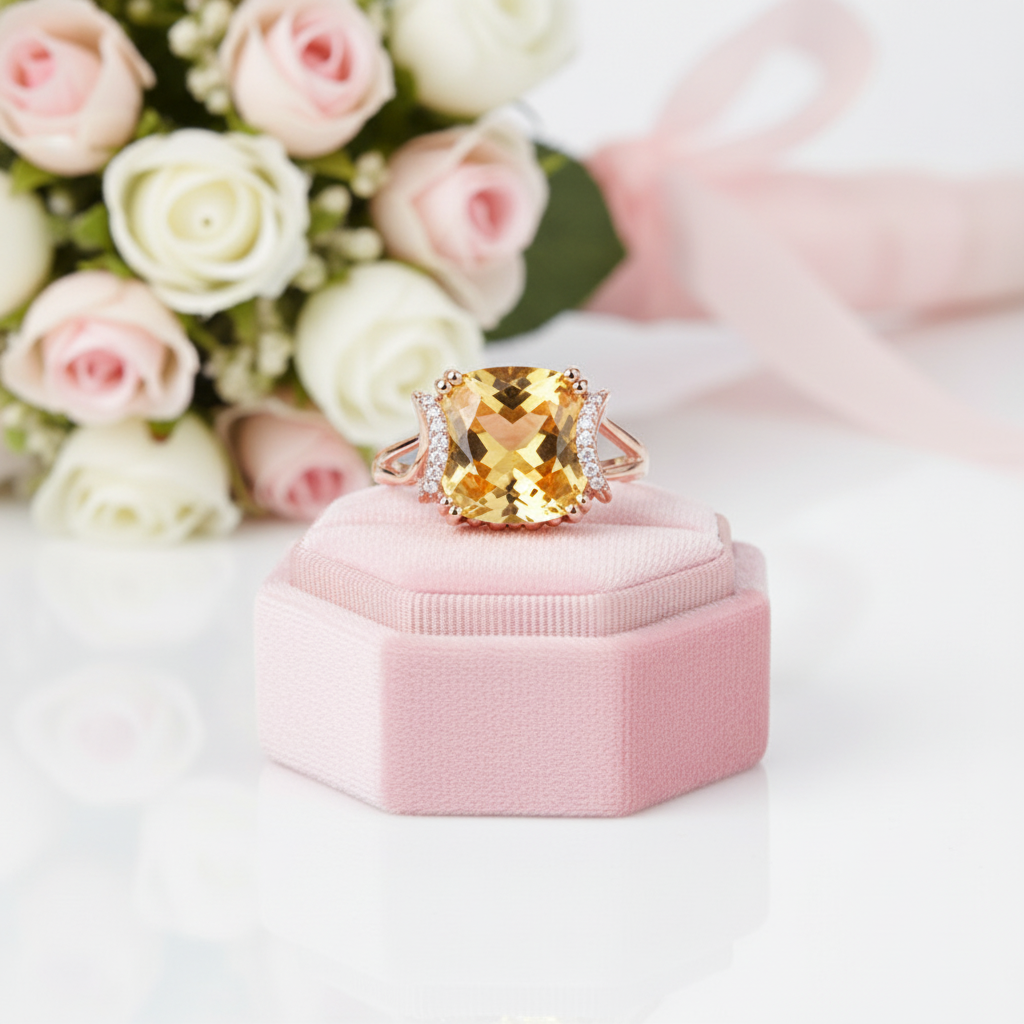 14k Rose Gold 6ct Cushion Yellow Citrine Diamond Option Ring-Black Diamonds New York
