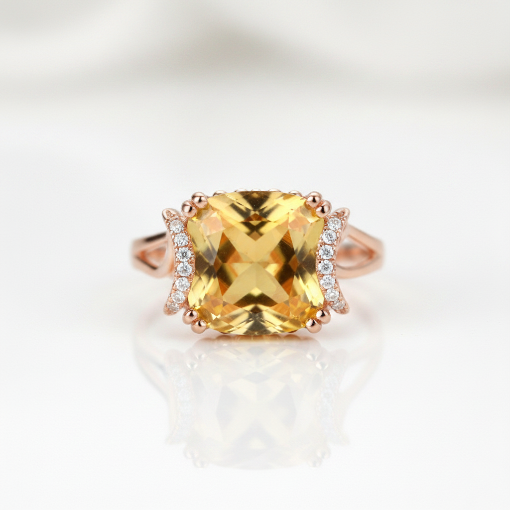 14k Rose Gold 6ct Cushion Yellow Citrine Diamond Option Ring-Black Diamonds New York