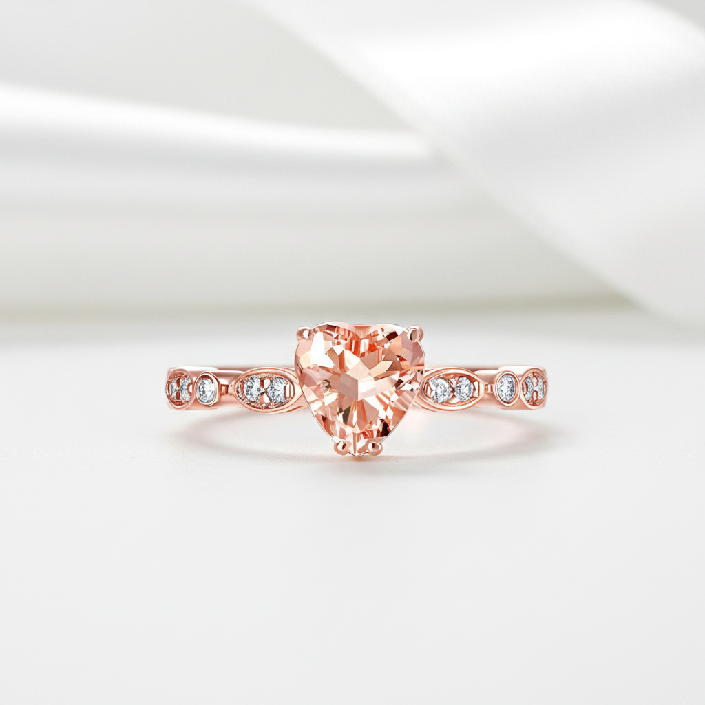14k Rose Gold 7mm Heart Peach Morganite Diamond Option Ring-Black Diamonds New York