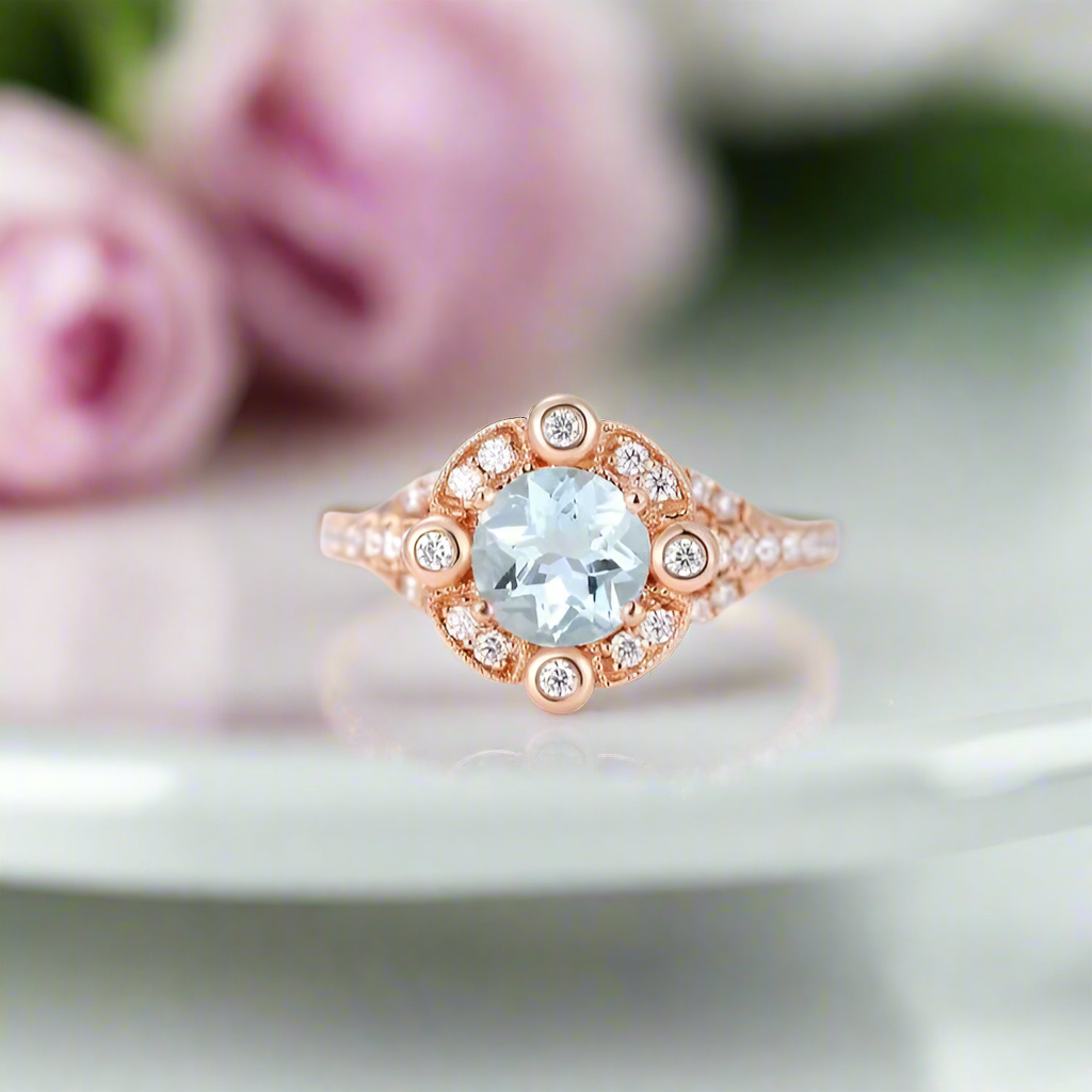 14k Rose Gold Aquamarine Milgrain Halo Engagement-Black Diamonds New York