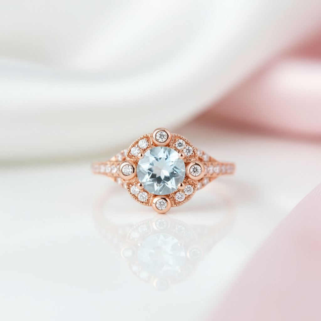 14k Rose Gold Aquamarine Milgrain Halo Engagement-Black Diamonds New York