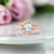 14k Rose Gold Aquamarine Milgrain Halo Engagement-Black Diamonds New York