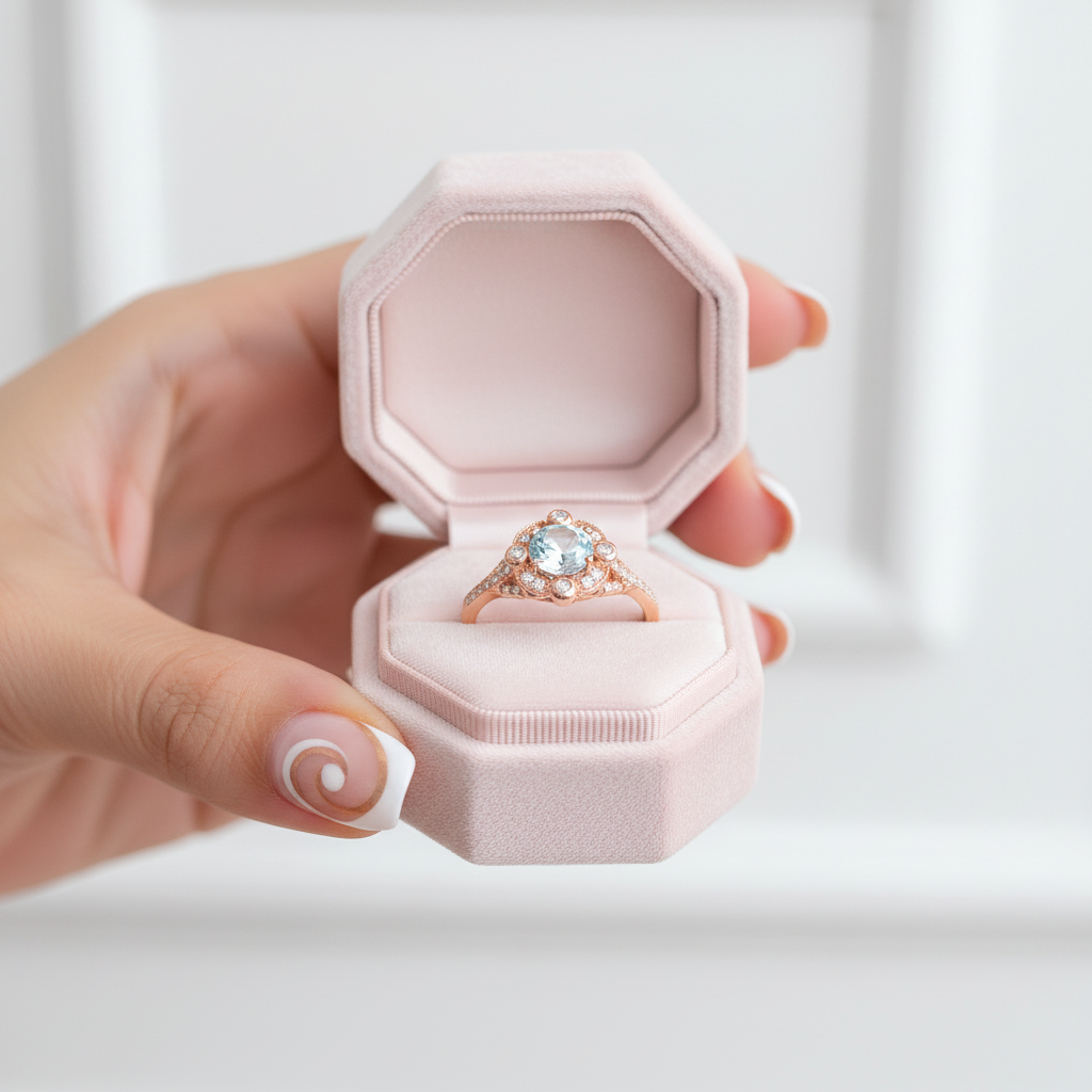 14k Rose Gold Aquamarine Milgrain Halo Engagement-Black Diamonds New York