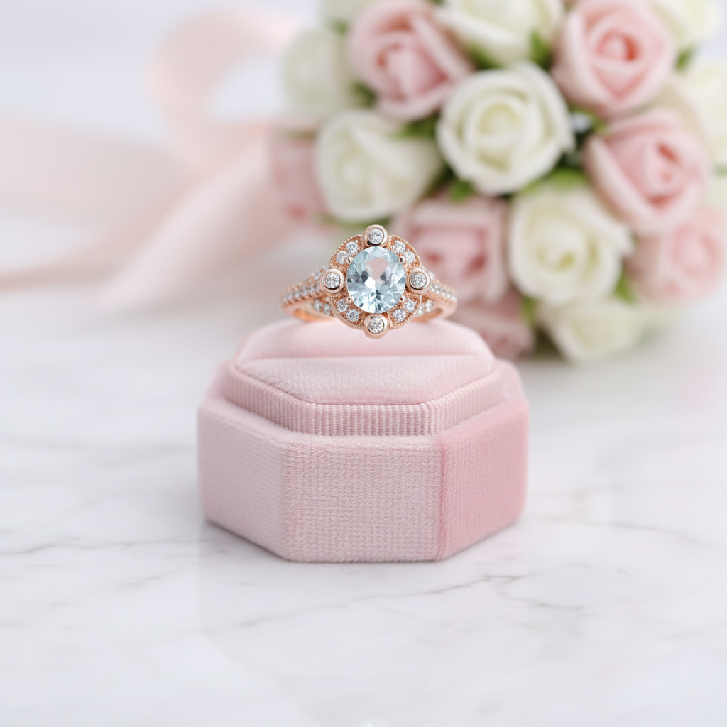 14k Rose Gold Aquamarine Milgrain Halo Engagement-Black Diamonds New York