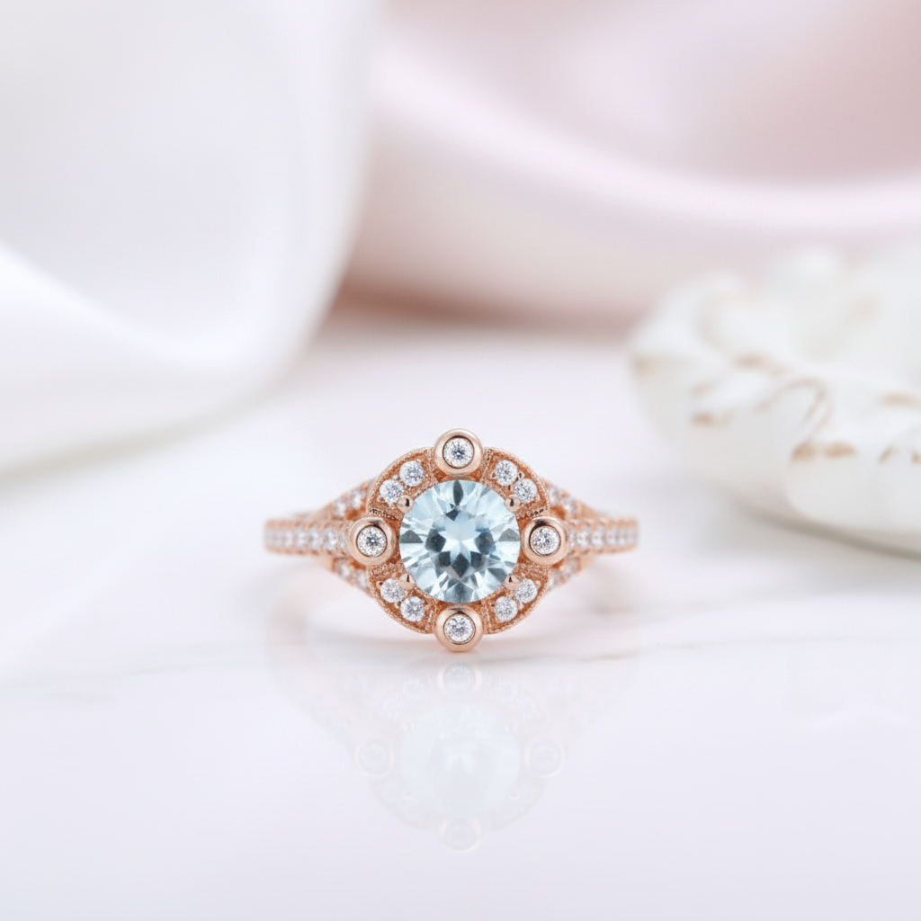 14k Rose Gold Aquamarine Milgrain Halo Engagement-Black Diamonds New York