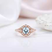 14k Rose Gold Aquamarine Milgrain Halo Engagement-Black Diamonds New York