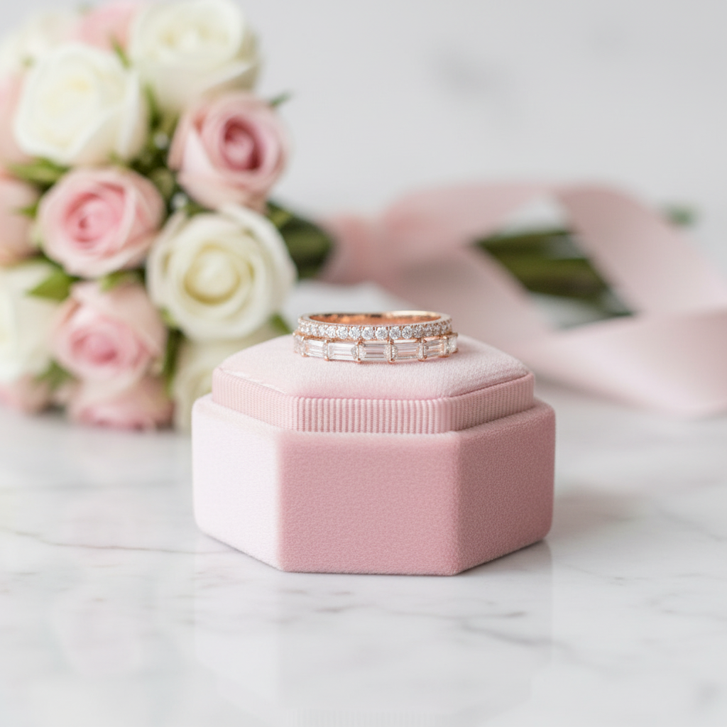 14K Rose Gold Baguette and Round Diamond Option Wedding Band-Black Diamonds New York