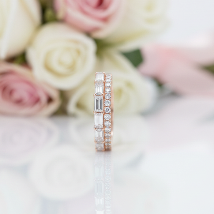 14K Rose Gold Baguette and Round Diamond Option Wedding Band-Black Diamonds New York