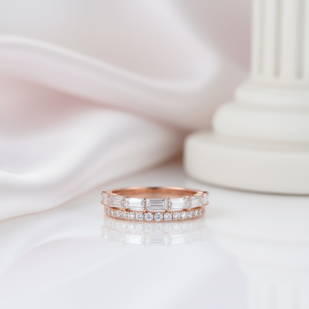14K Rose Gold Baguette and Round Diamond Option Wedding Band-Black Diamonds New York