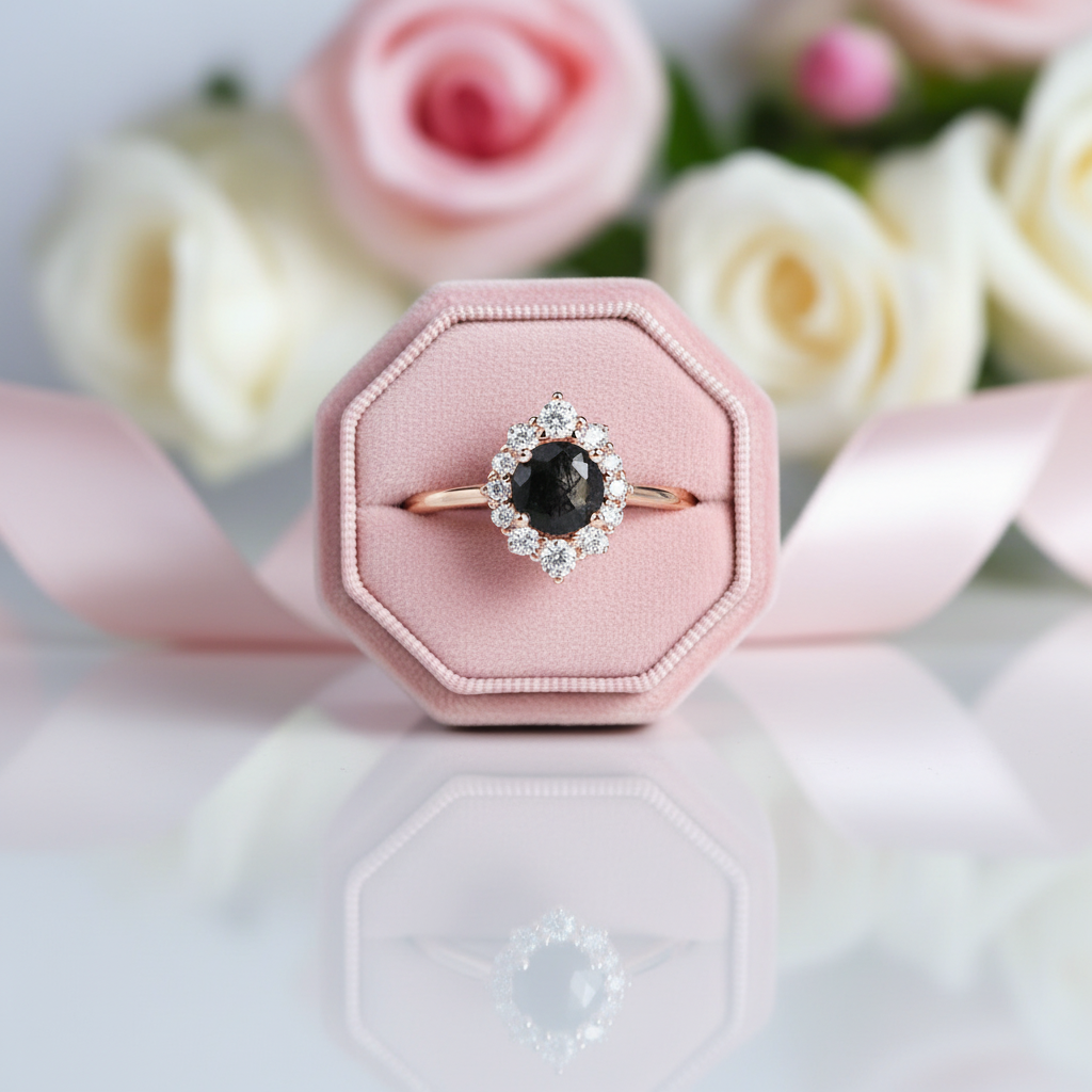 14k Rose Gold Black Rutilated Quartz Engagement Ring-Black Diamonds New York