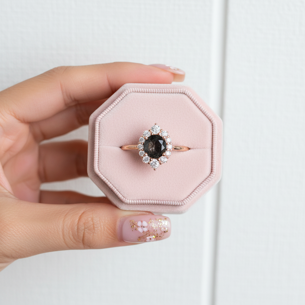 14k Rose Gold Black Rutilated Quartz Engagement Ring-Black Diamonds New York