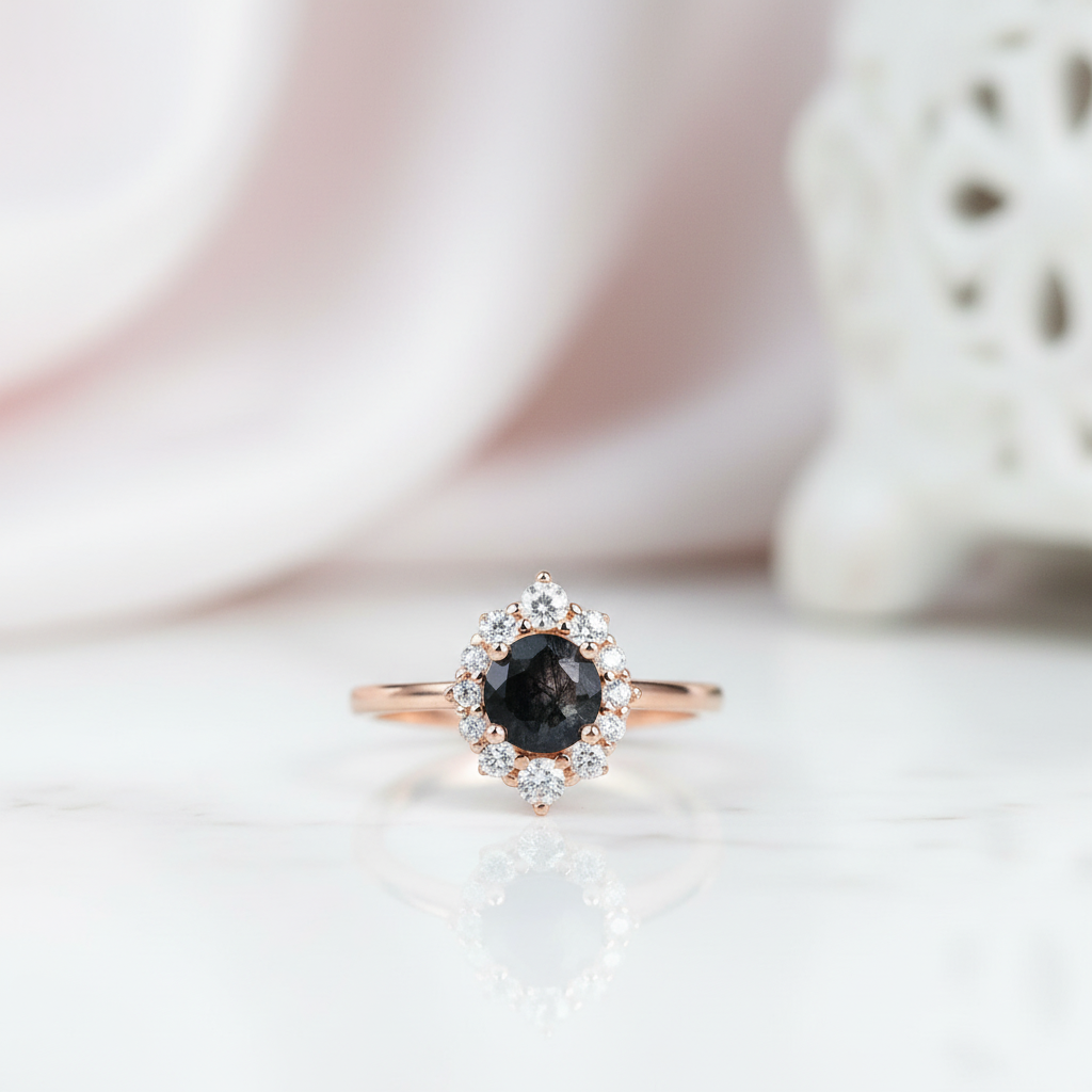 14k Rose Gold Black Rutilated Quartz Engagement Ring-Black Diamonds New York