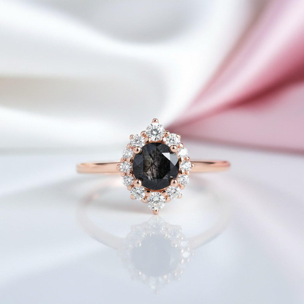 14k Rose Gold Black Rutilated Quartz Engagement Ring-Black Diamonds New York