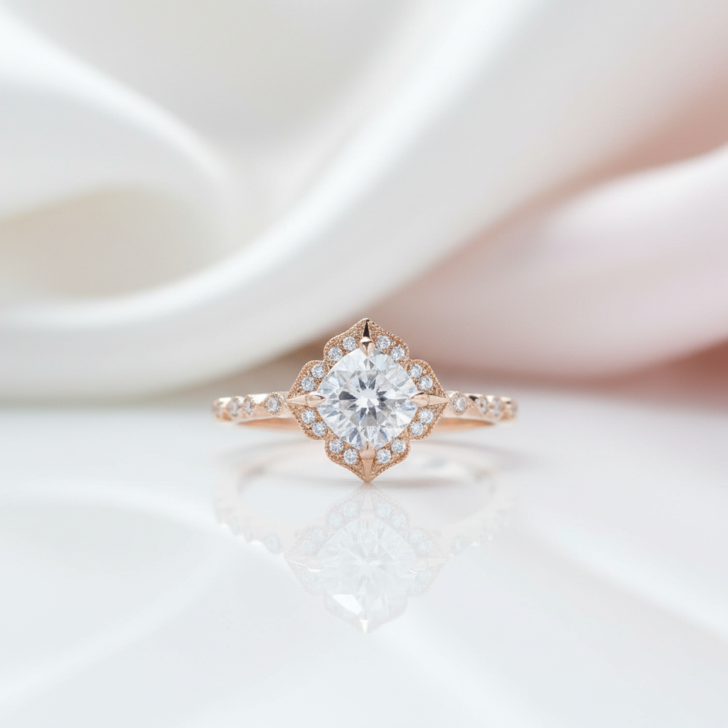 14k Rose Gold Cushion Cut Diamond Option Antique Milgrain Halo Engagement Ring-Black Diamonds New York