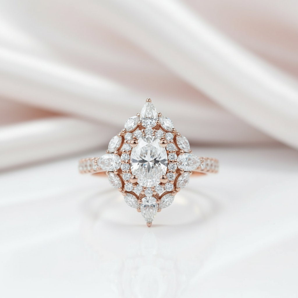 14k Rose Gold Double Halo Oval Cut Diamond Engagement Ring-Black Diamonds New York